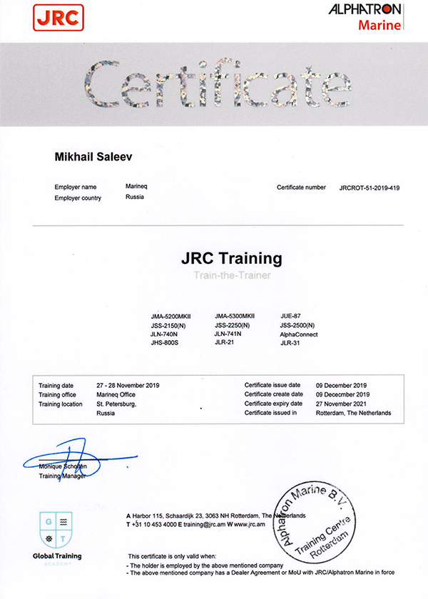 JRC Alphatron Certificate Train-the-Trainer